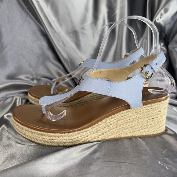Michael Kors Laney Wedges Size 9 Leather Thong Espadrille Sandals Powder Blue💙 - Picture 11 of 17